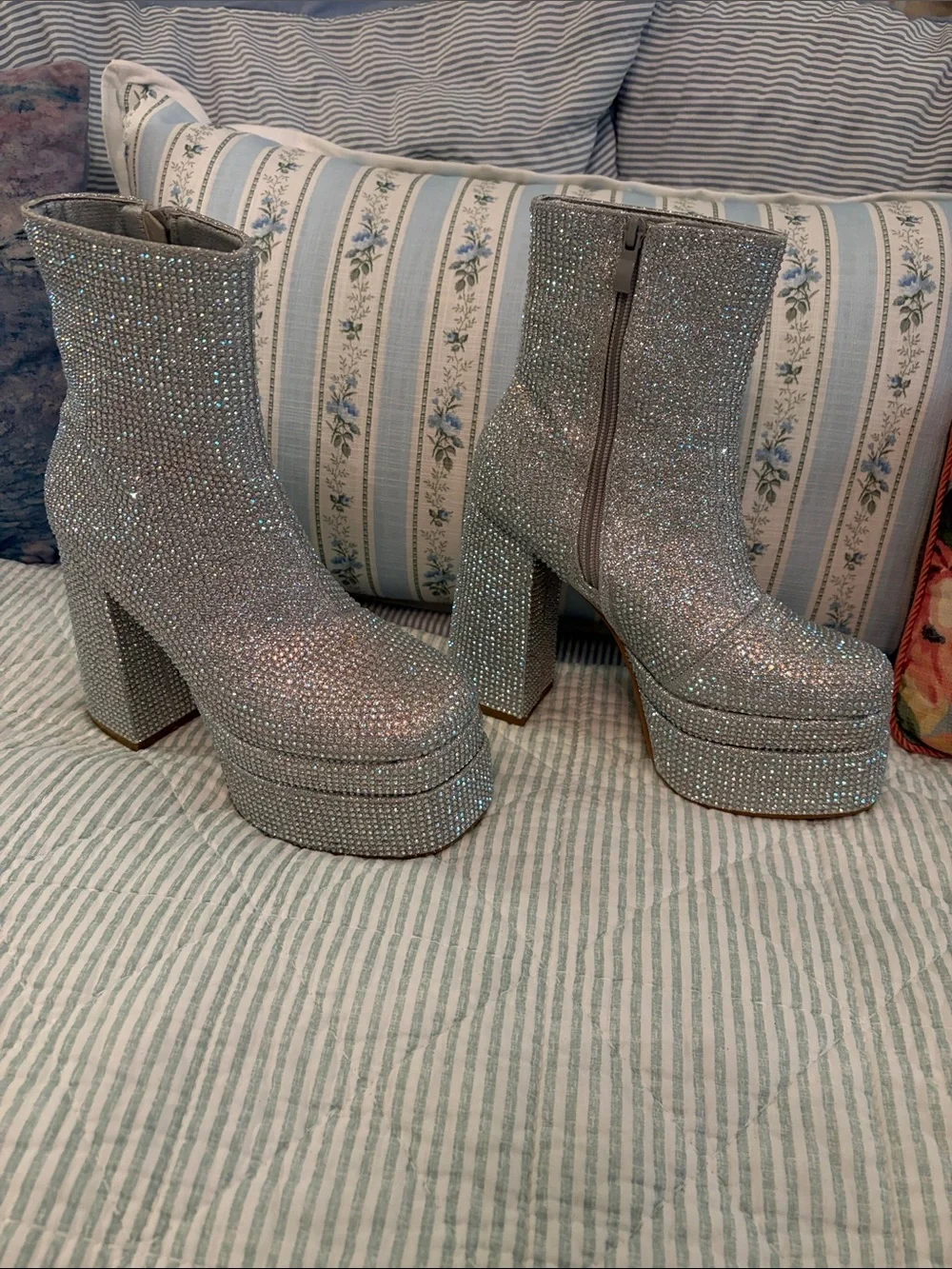 Women's Silver multi color rhinestone Platform Ankle Boots with Block heel